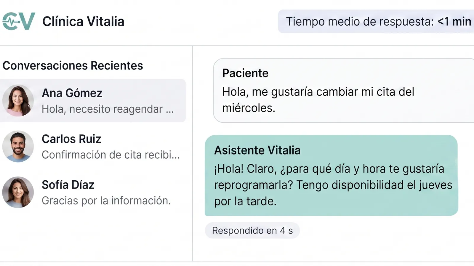 Agente de IA de una clínica atendiendo consultas de pacientes de forma inmediata, a cualquier hora.